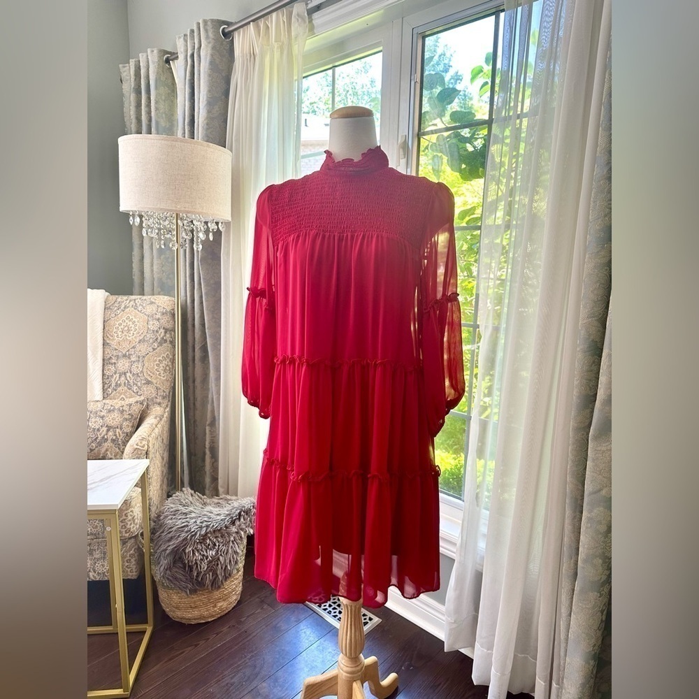 Gabby Skye Smocked Mockneck Trapeze Dress
